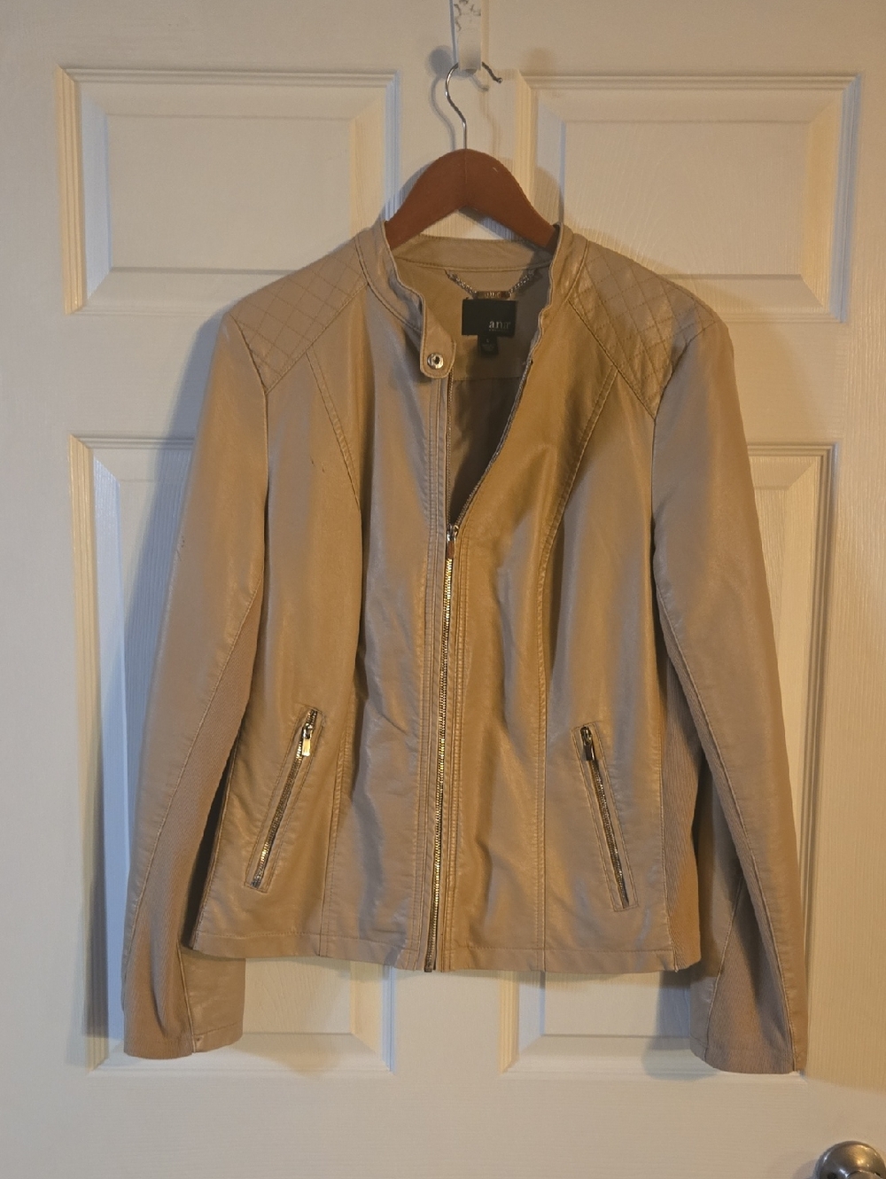 A.n.a Taupe Faux Leather Zip Front Jacket Sweater Side Panels L